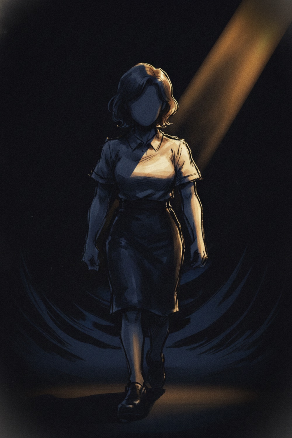 A faceless figure in a shaft of amber light.