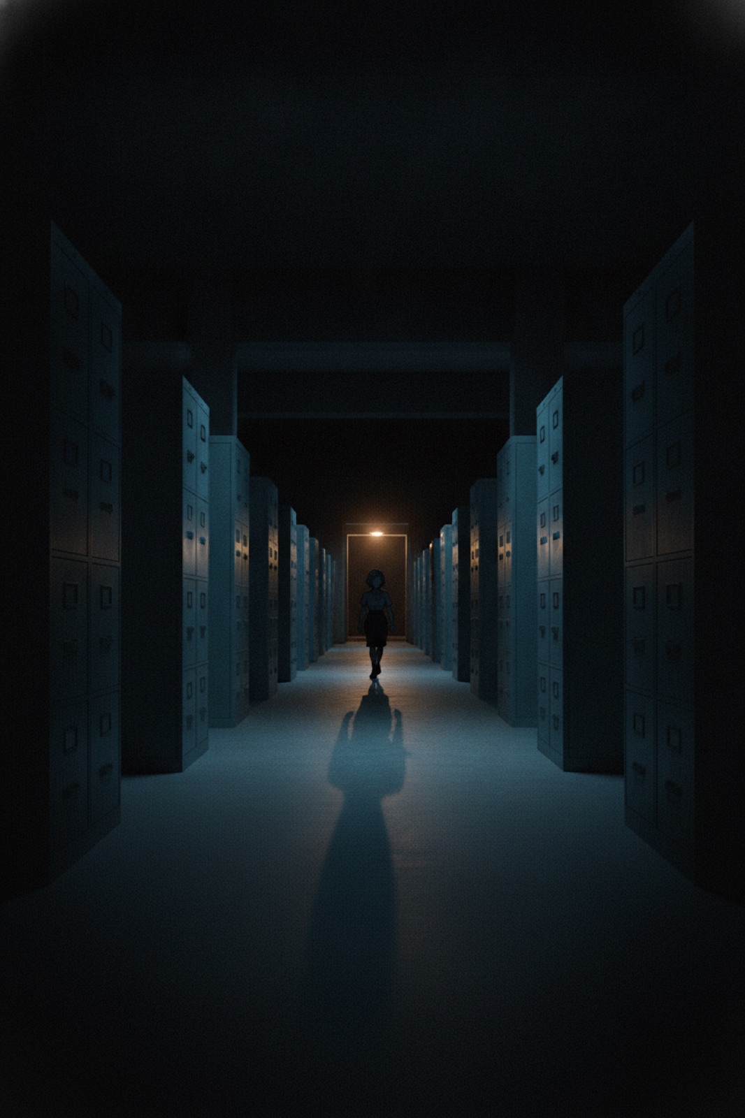 A vast records corridor at night from the companion stealth game.