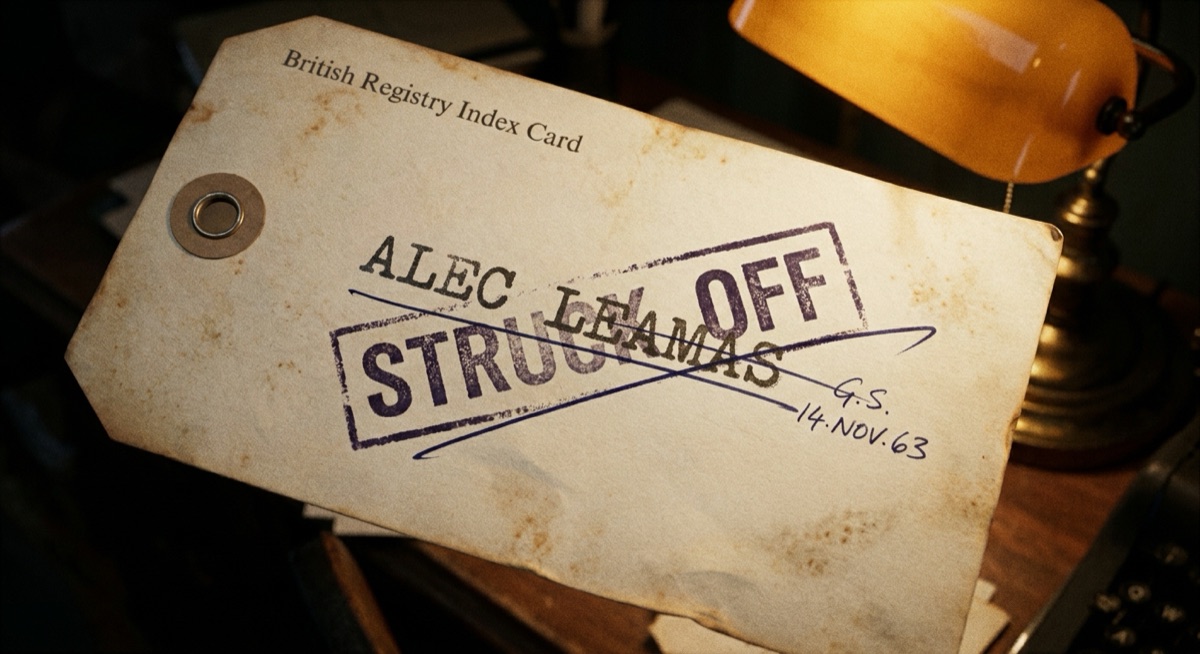An index card stamped STRUCK OFF.